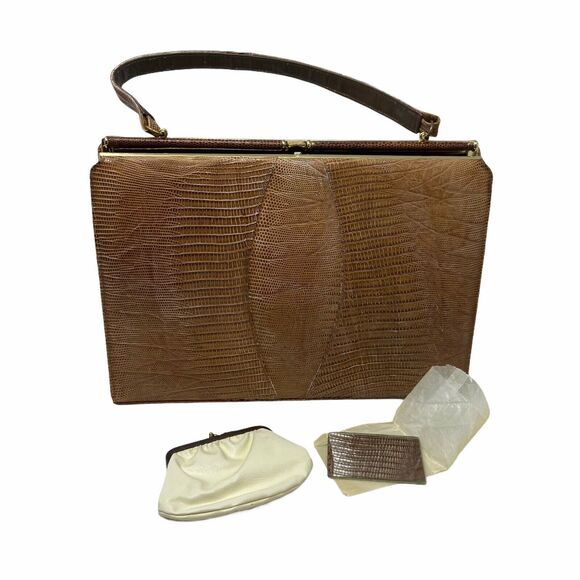 Vintage 1960s Sydney of California Brown Lizard Skin Medium Top Handle Purse - Picture 1 of 12